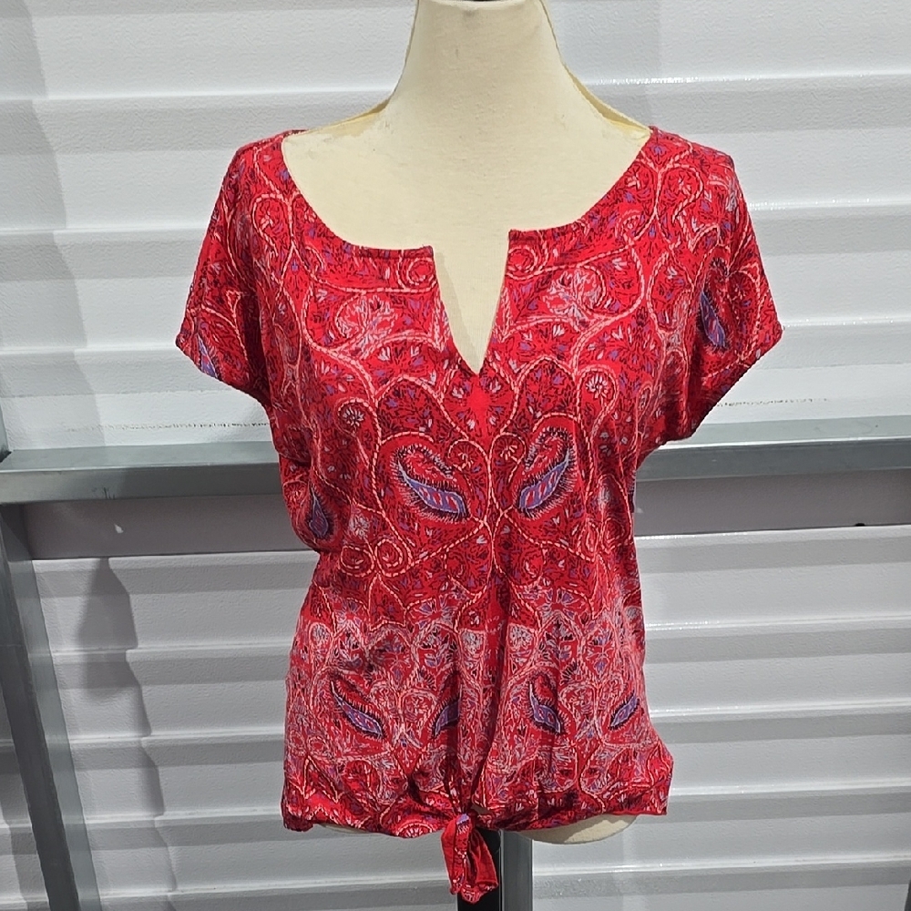 Lucky Brand Red Flutter Sleeve Blouse with Tie Front